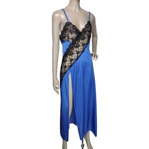 Vintage Frederick's Of Hollywood Satin Lace Trim Thigh High Side Slit Slip Dress